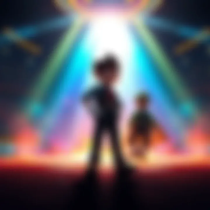 Simon standing confidently in a vibrant arena, with Luigi's silhouette fading in the background, capturing the emotional moment of loss and new beginnings in the game.