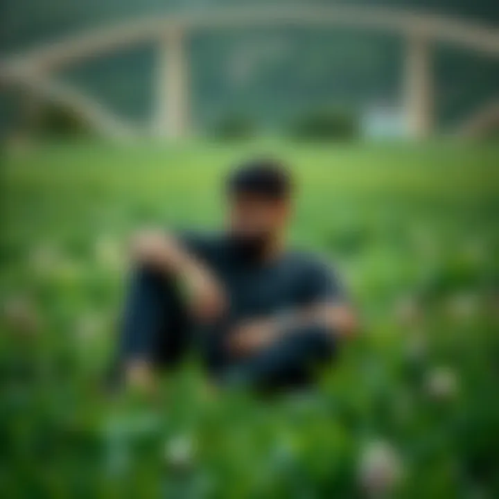 A man sitting peacefully in a lush green field, reflecting on life and simplicity.