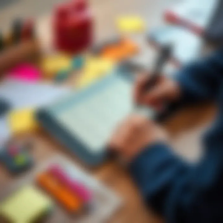 A person using a digital planner on a tablet, surrounded by organization tools like sticky notes and pens, showing productivity enhancements.