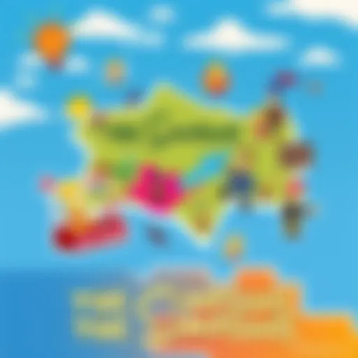 A colorful map linking characters and storylines from The Simpsons, showing different locations and connections in a fun design.
