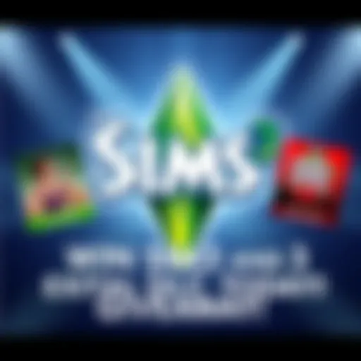 A colorful promotional graphic showcasing The Sims 3 game with icons of three DLCs: Late Night, High End Loft Stuff, and Date Night, inviting people to enter the giveaway.