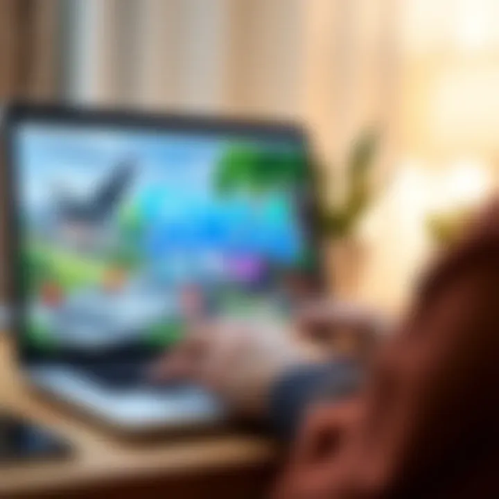 A player using a MacBook to access The Sims 4 on the EA app after transitioning from Steam, with game graphics visible on the screen