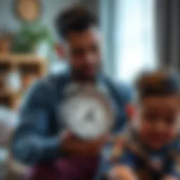 A single dad holding a clock while looking at his kids playing, symbolizing limited time for parenting.