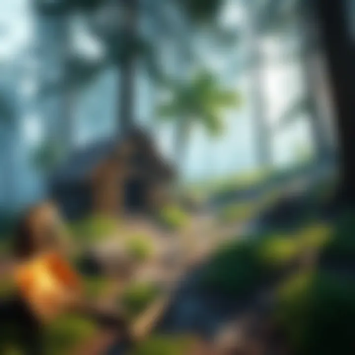 A player constructs a base in a survival game, showcasing crafting tools and gathered resources in a forest setting.