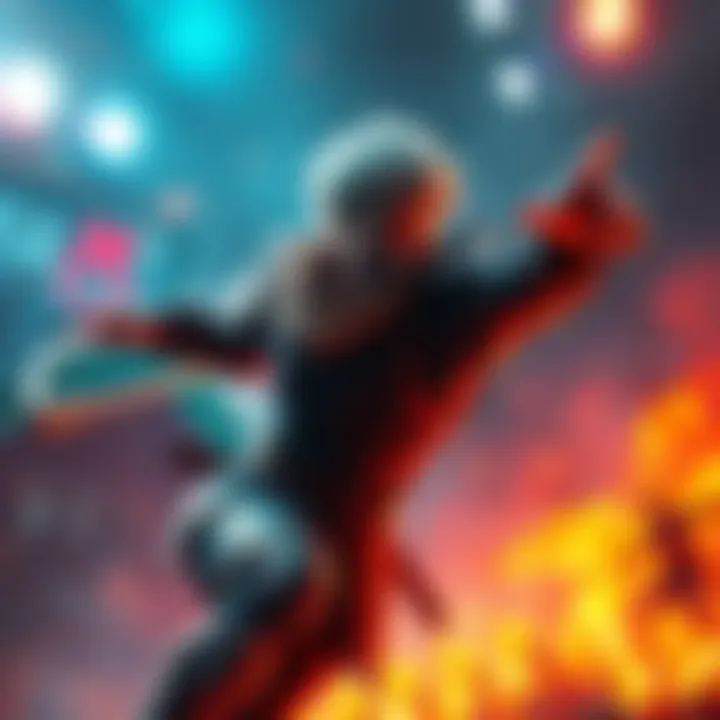 A character in a dynamic fighting stance, showcasing intense combat with vibrant background effects, illustrating deep combat mechanics.