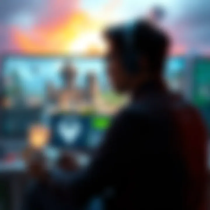 A gamer sitting in front of a screen with a captivating open world game, displaying vibrant graphics and rich storytelling elements.