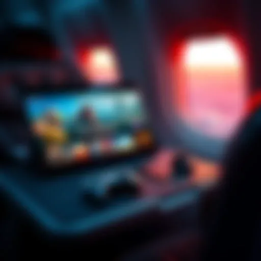 A Steam Deck displaying various single player games on a plane tray table with a blurred airplane window in the background