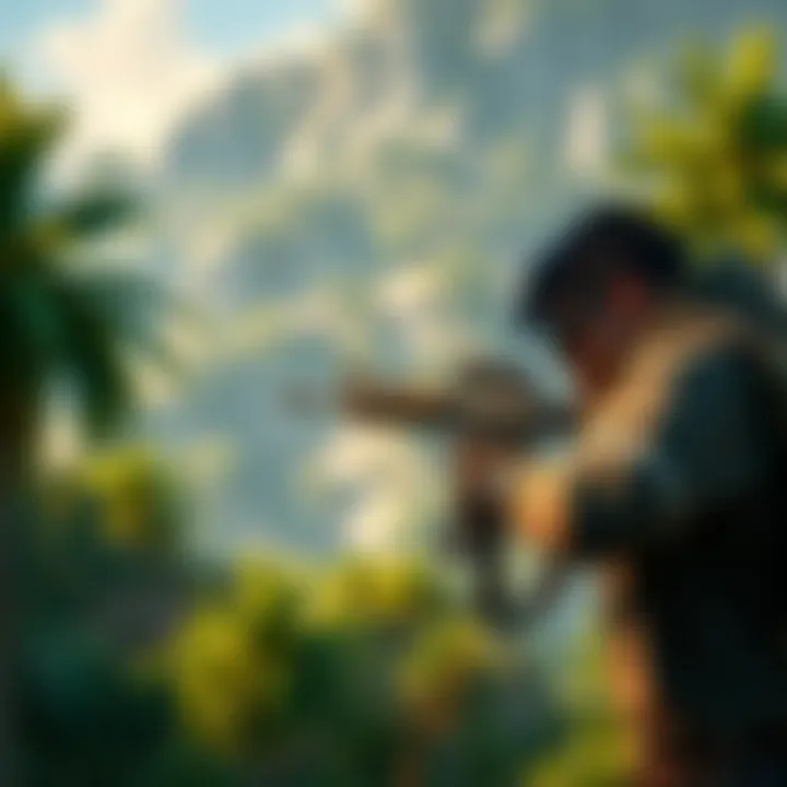 A character is aiming a weapon in a lush open-world environment, showcasing stealth gameplay and high-quality graphics.