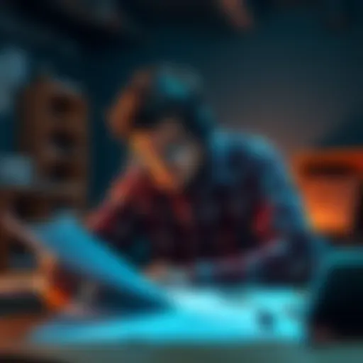 A person deeply focused on a project, surrounded by notes and sketches, demonstrating concentrated thinking.