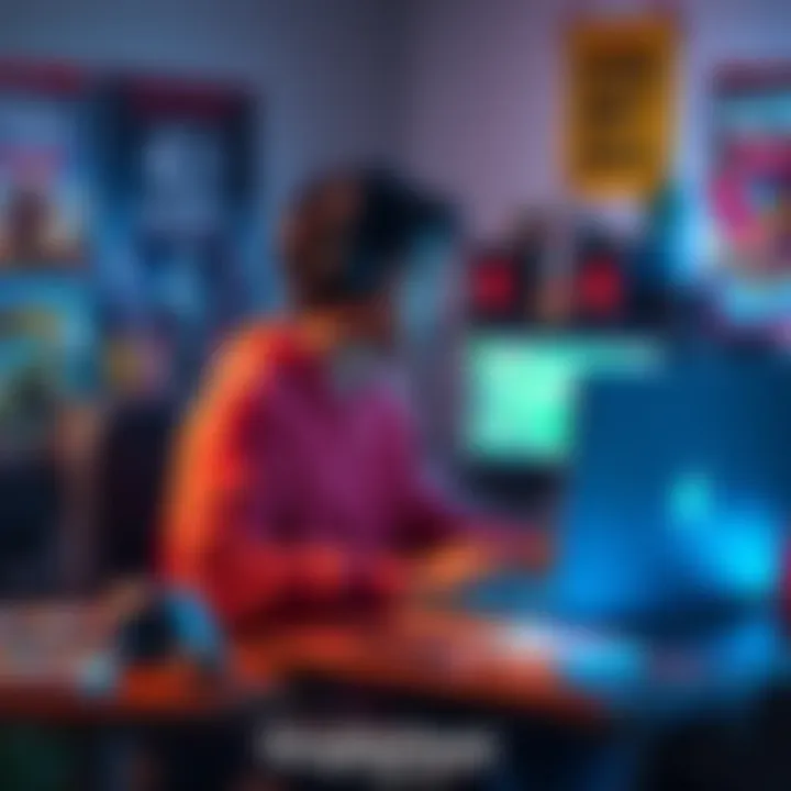 Singleplayer Games for Low-End Laptops A person sits at a desk playing a video game on a low-end laptop, surrounded by game posters and snacks, with a focused expression.