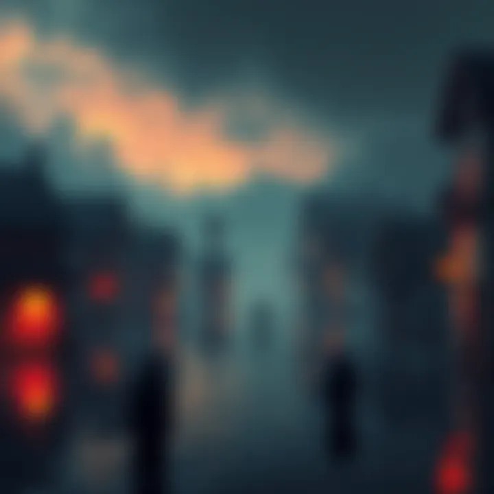 A view of a dark, flooded town with eerie colors and shadowy figures representing the themes of the Sinking Town meme in Signalis.