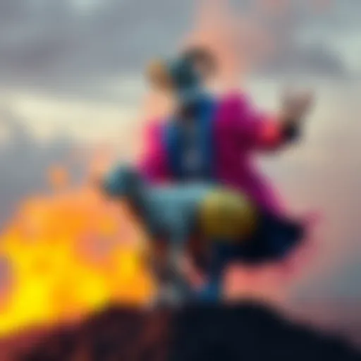 Sir Blues dressed in a flashy outfit made of bright polyester, performing a lamb sacrifice over a volcano, with flames and smoke in the background, emphasizing his claim to be the bluest character.