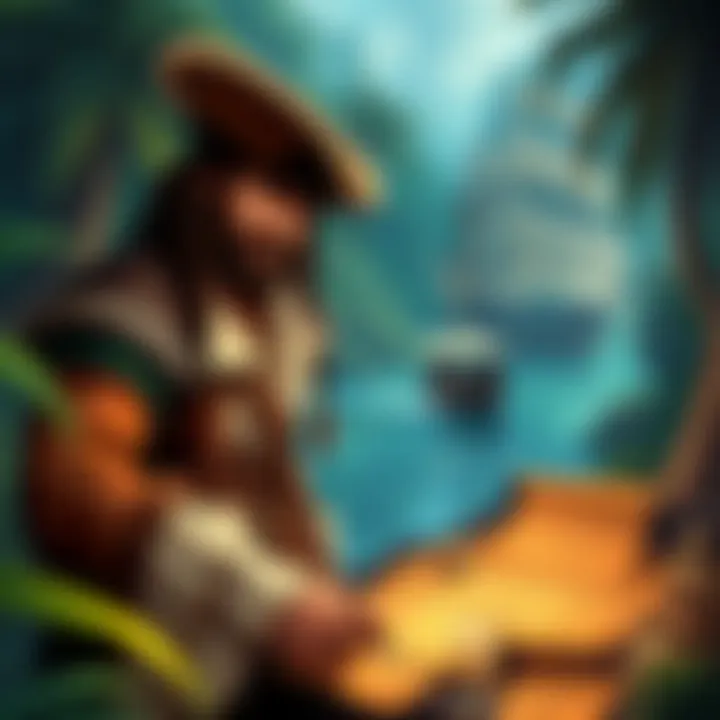 A digital illustration of Sir Francis Drake in the 1400s, dressed in period clothing, exploring a lush jungle while searching for treasure. His ship is visible in the background, along with ancient maps and artifacts nearby.