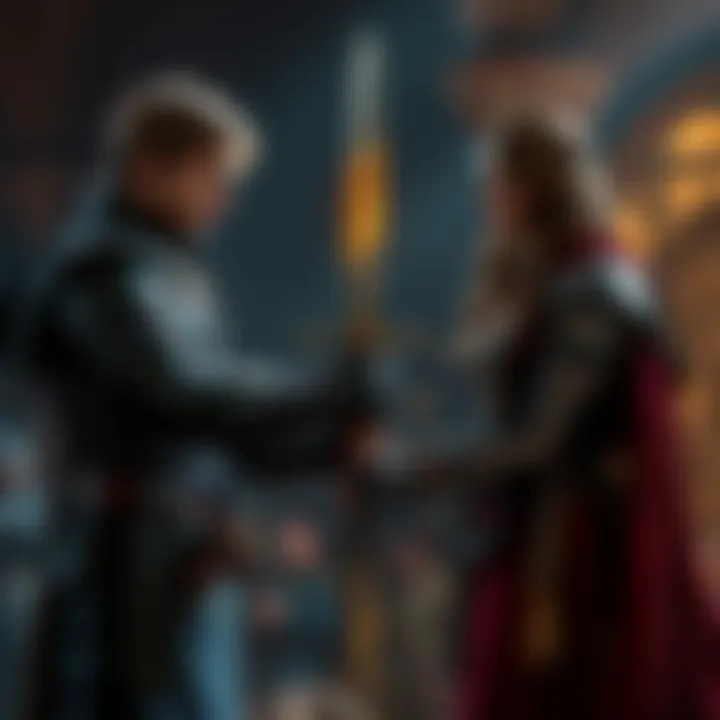 Sir Leon presenting his sword to Lady Grace Sir Leon hands over his sword to Lady Grace, symbolizing protection and loyalty in a medieval setting