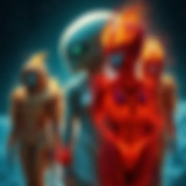 A group of sirens with glowing features interacting with a mysterious alien figure in a starry landscape.