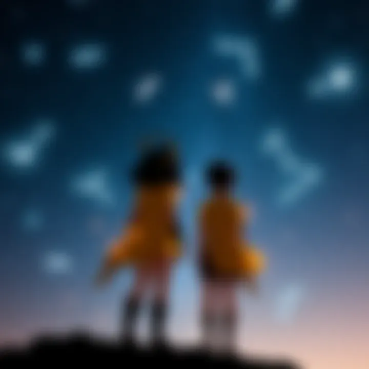 Sirius and Orion standing together in a starry sky, looking determined as they plan to save their mother Jade, with constellations glowing around them.