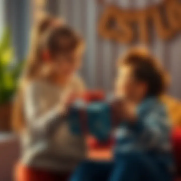 A sister joyfully presents her brother with a surprise gift, capturing a heartwarming moment between them