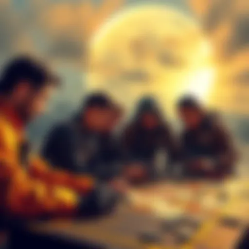 A group of six people working together, focused on a tactical board, planning how to eliminate a bombardier with precision.