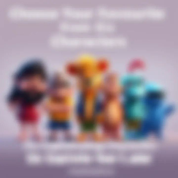 A colorful illustration showing six different cartoon characters standing side by side, each with unique traits and expressions. They invite viewers to choose their favorite.