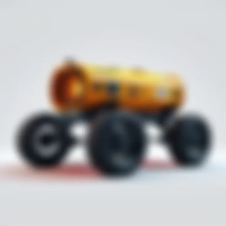 A peculiar creature with six wheels resembling a generator, displayed against a simple background.