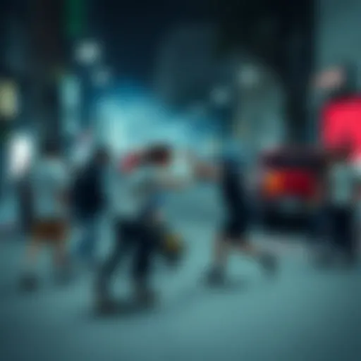 A chaotic skateboard fight erupts in a street after a streamer catcalls a woman's boyfriend, with skaters clashing and onlookers watching in shock.