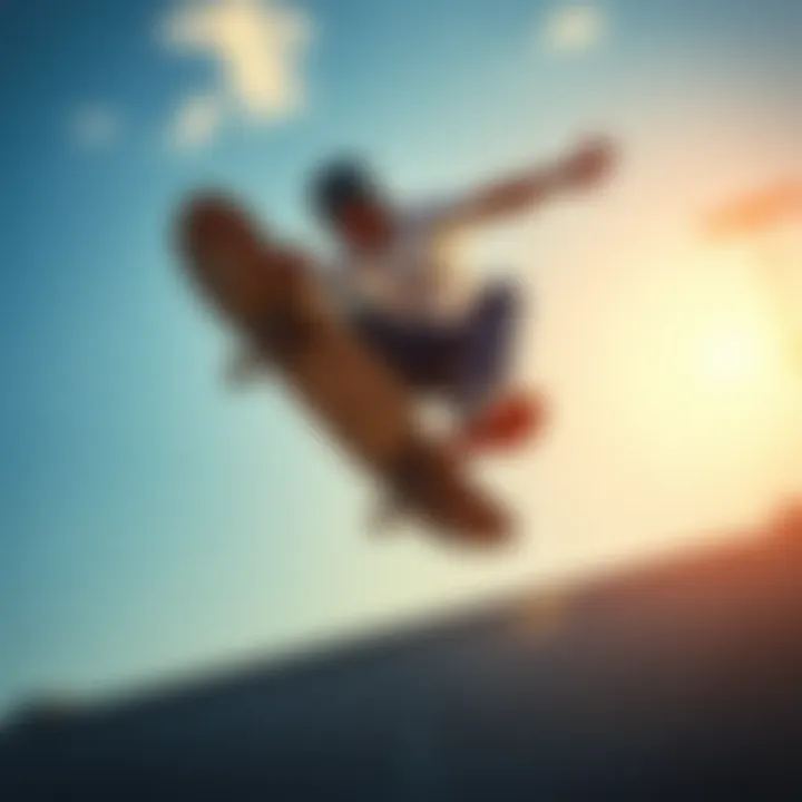 Skateboarder performing a trick Skateboarder in mid-air attempting a trick, showing determination and focus while a bit of the board wobbles