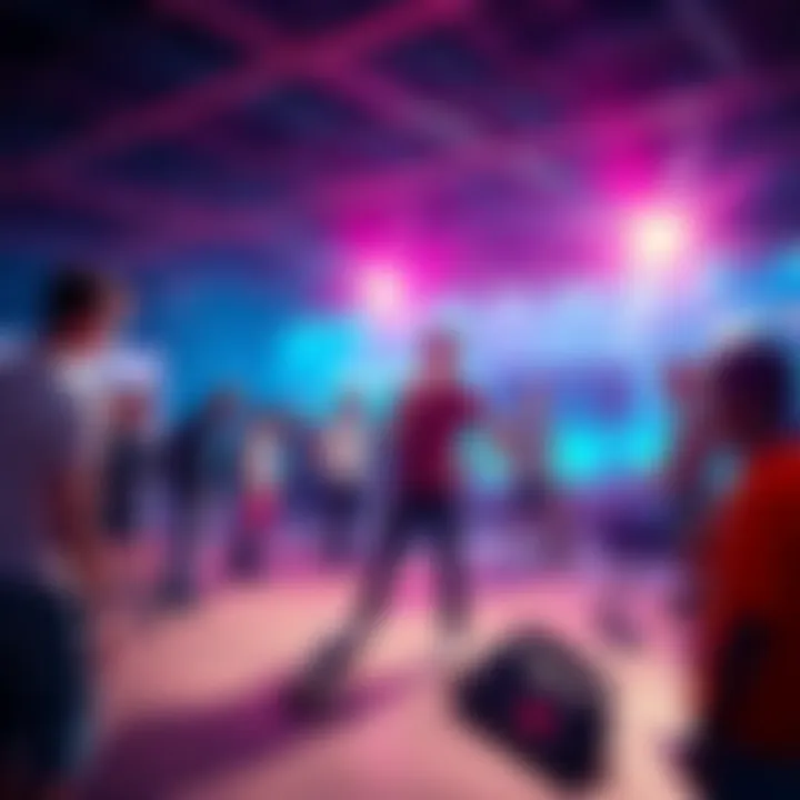 A group of skateboarders engaging in a community event, showcasing new designs and innovations in skateboarding gear.