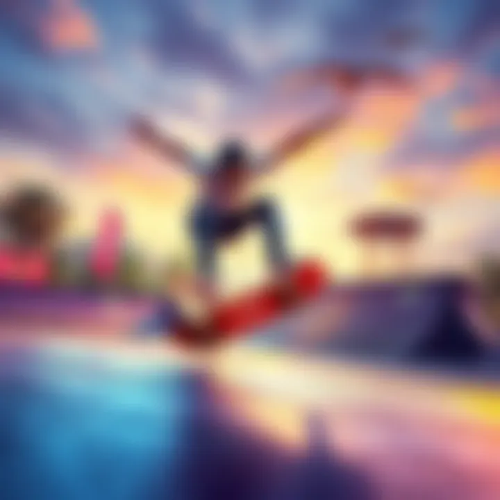 A skater doing tricks in a vibrant skate park scene from a PS5 game