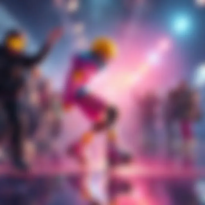 A character designed with roller skates in bright colors, surrounded by a lively skating environment, with fans expressing excitement and disappointment.