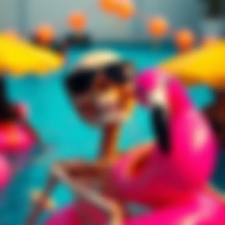 A fun skeleton wearing sunglasses and a pink flamingo floatie, ready for summer festivities.