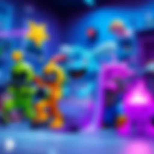 Bright and colorful characters from various fan-made Skibidi Toilet games engaging in gameplay action