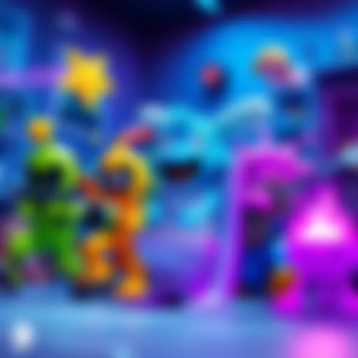 Bright and colorful characters from various fan-made Skibidi Toilet games engaging in gameplay action