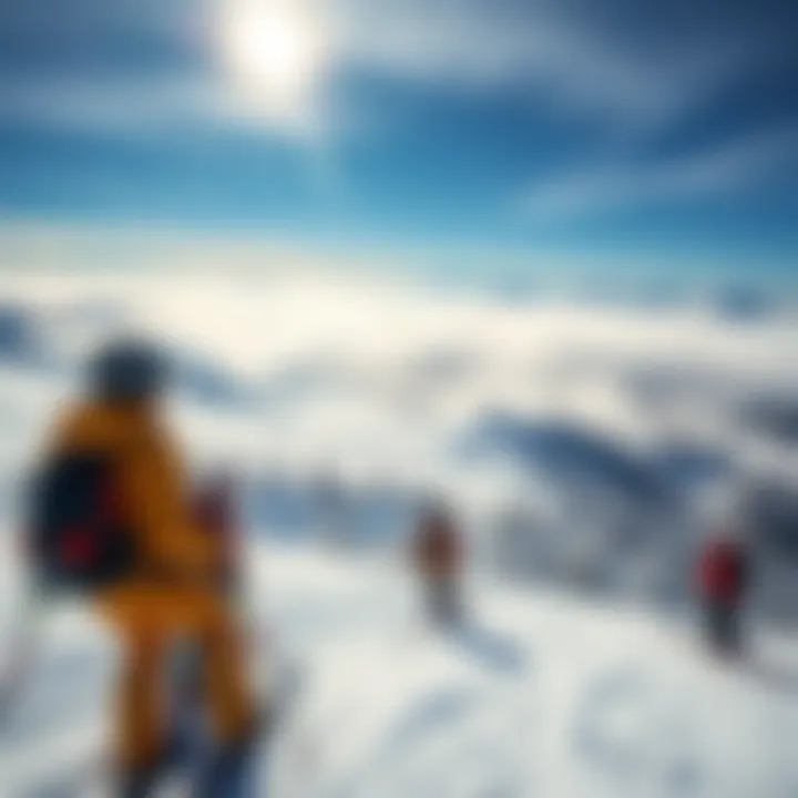 A group of skiers enjoying a sunny day on a beautiful snow-covered slope surrounded by mountains