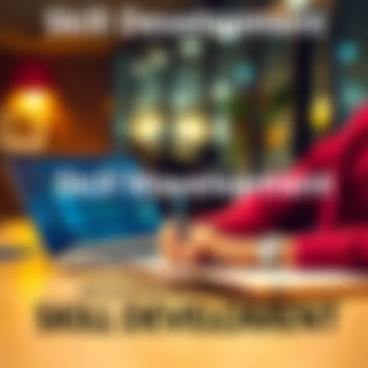 A person writing down strategies for skill development while sitting at a desk with a laptop and notebook.