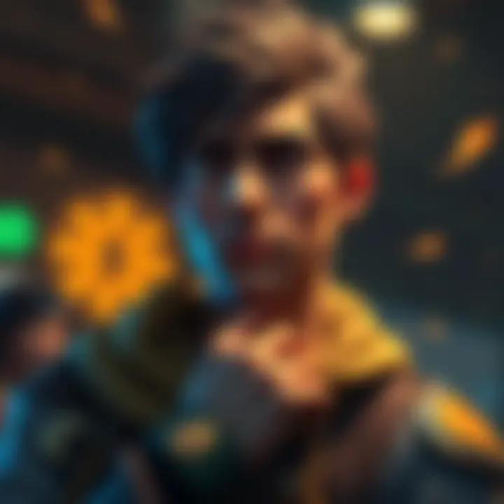 A character in a game weighing options between spending money and dealing damage to gain skill points. The character looks thoughtful, with currency and damage icons in the background.