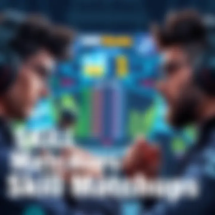 Skill Matchups in Competition Two gamers face off in a competitive match, showcasing their skills with focused expressions, surrounded by a digital scoreboard indicating their progress.