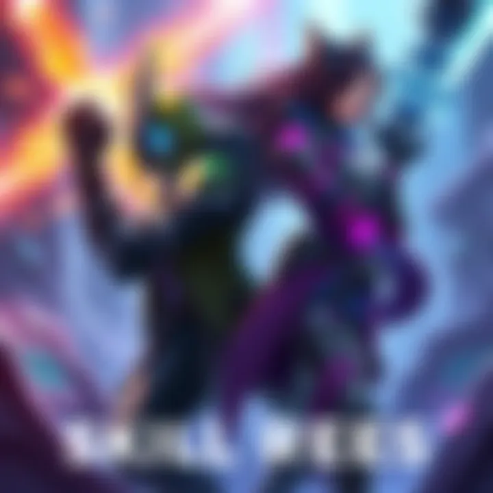 Illustration showing the skill trees and abilities of characters Vex and Rafa, with vibrant action scenes