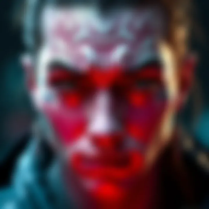A close-up of a character displaying a rare skin glitch, with distorted colors and patterns.