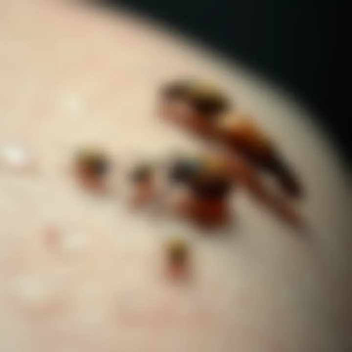 Close-up view of skin showing small insects resembling skin bugs, highlighting their presence on a person's arm.