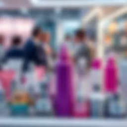 A colorful display of skin care products including a purple item in focus, surrounded by various skincare items and a blurred background of people discussing.