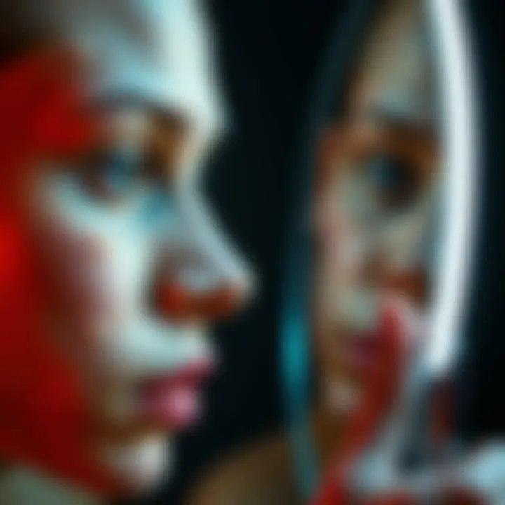 A person looking in a mirror, reflecting on their skin challenges and emotions about beauty