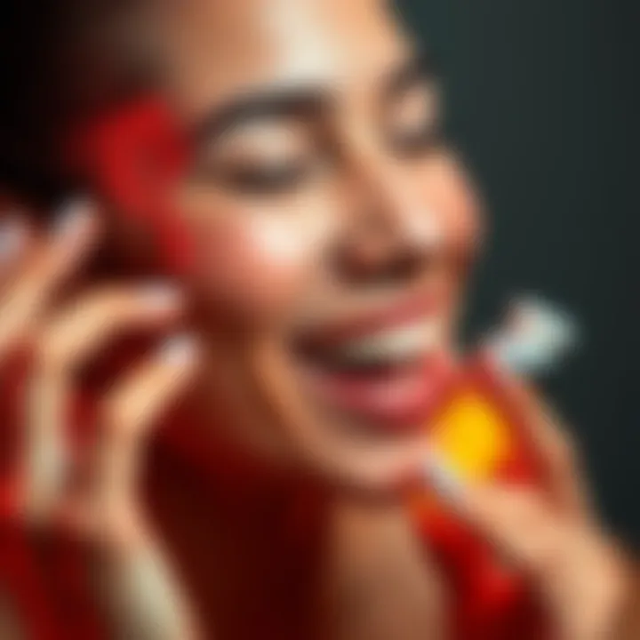 A person smiling while applying a skincare product, representing skin renewal and transformation.
