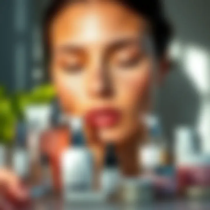 Skincare Products and Fresh Skin A collection of skincare products like moisturizers and face masks with a glowing complexion in the background.