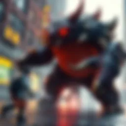 A scene depicting a player character in Sifu bypassing a large, menacing boss character in an urban setting.