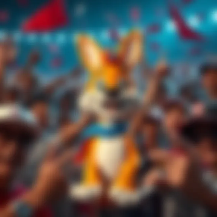 A cheerful character representing Skippy, surrounded by fans celebrating his appeal and excellence.