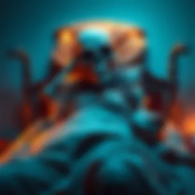 A character resembling the Skull Merchant trying to fit into an oversized small bed, looking frustrated and humorous.