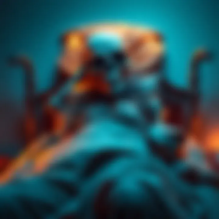 A character resembling the Skull Merchant trying to fit into an oversized small bed, looking frustrated and humorous.