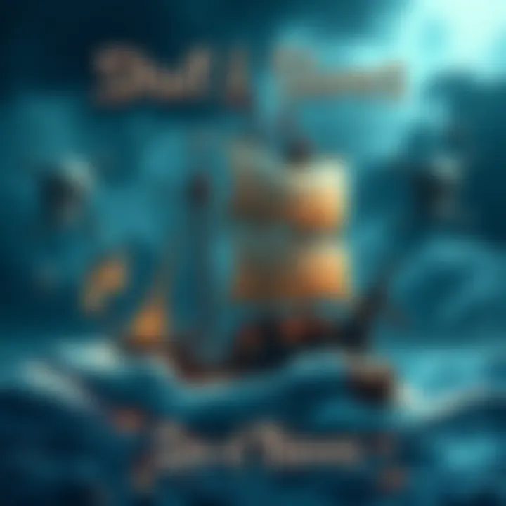 A pirate ship in a stormy sea, surrounded by treasure and skull motifs, contrasting with a calm sea showcasing a ship from Sea of Thieves.