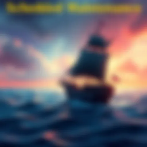 A digital illustration showing a pirate ship on the ocean with gear icons, symbolizing game maintenance for Skull and Bones.