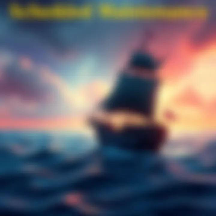 A digital illustration showing a pirate ship on the ocean with gear icons, symbolizing game maintenance for Skull and Bones.